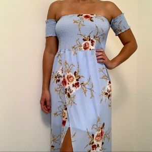 Light Blue Floral Maxi Dress with Slit Large